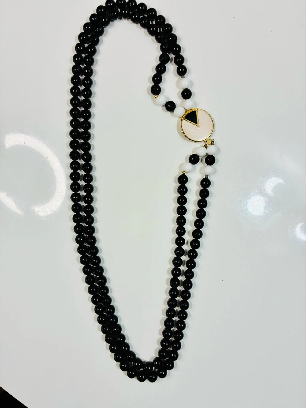 VTG 80s Black and White Beaded Layered Necklace with Gold Enamel Security Clasp